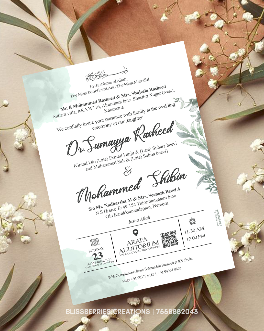 Elegant Light Green Floral Wedding Invitation Card