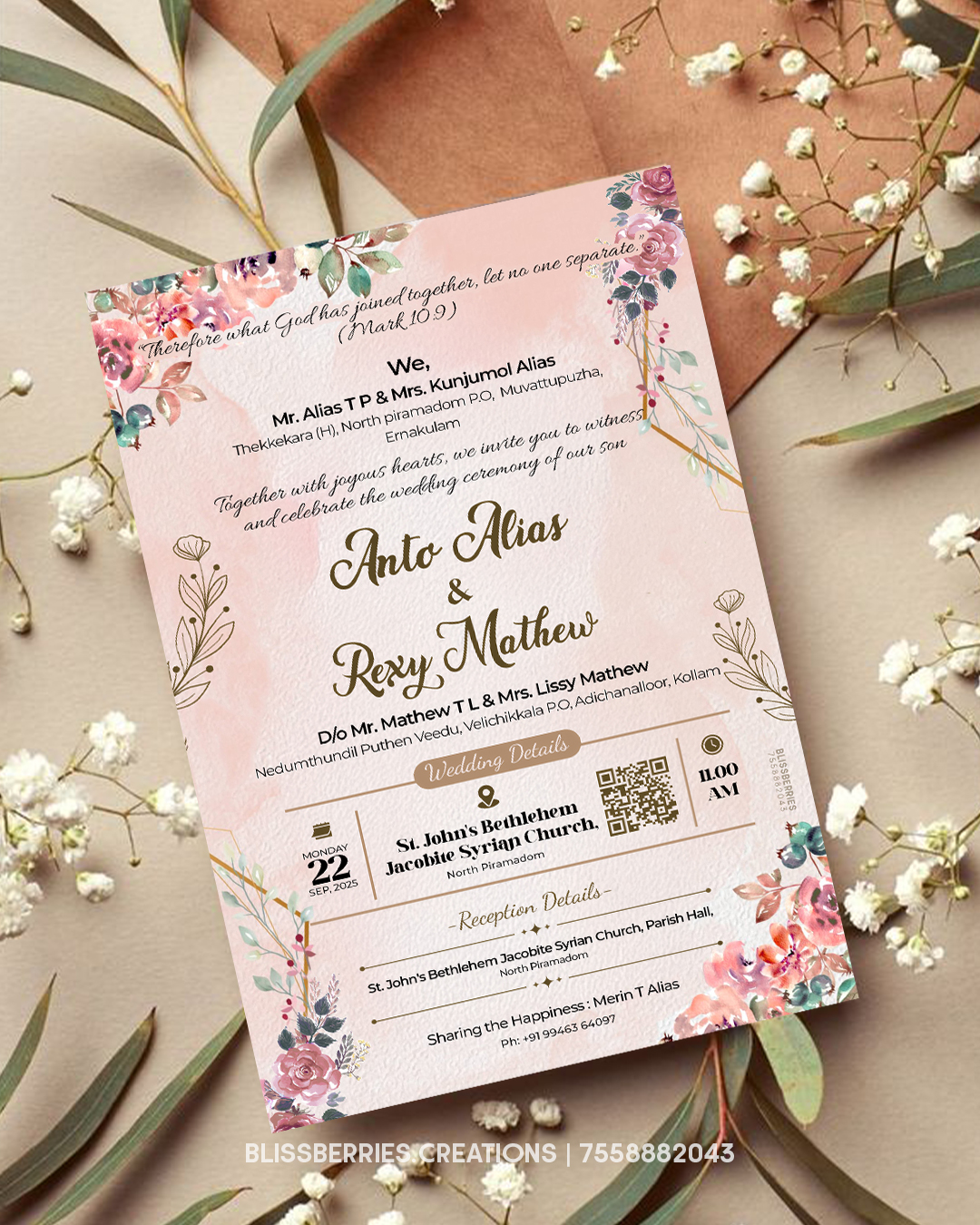 Elegant Blush Pink Floral Wedding Invitation Card