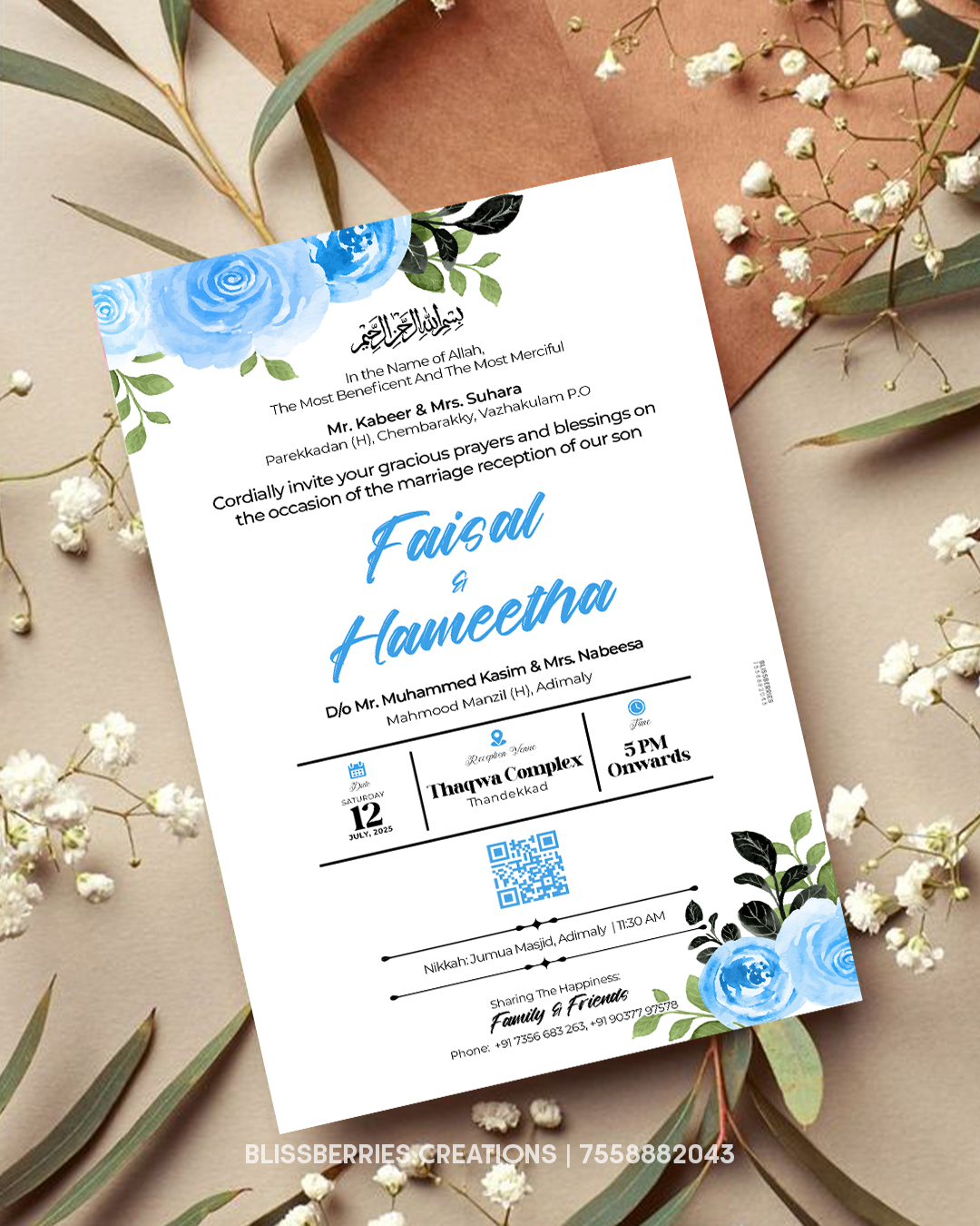 Blue Blossom Wedding Invitation Card | Single Layer Floral Invite