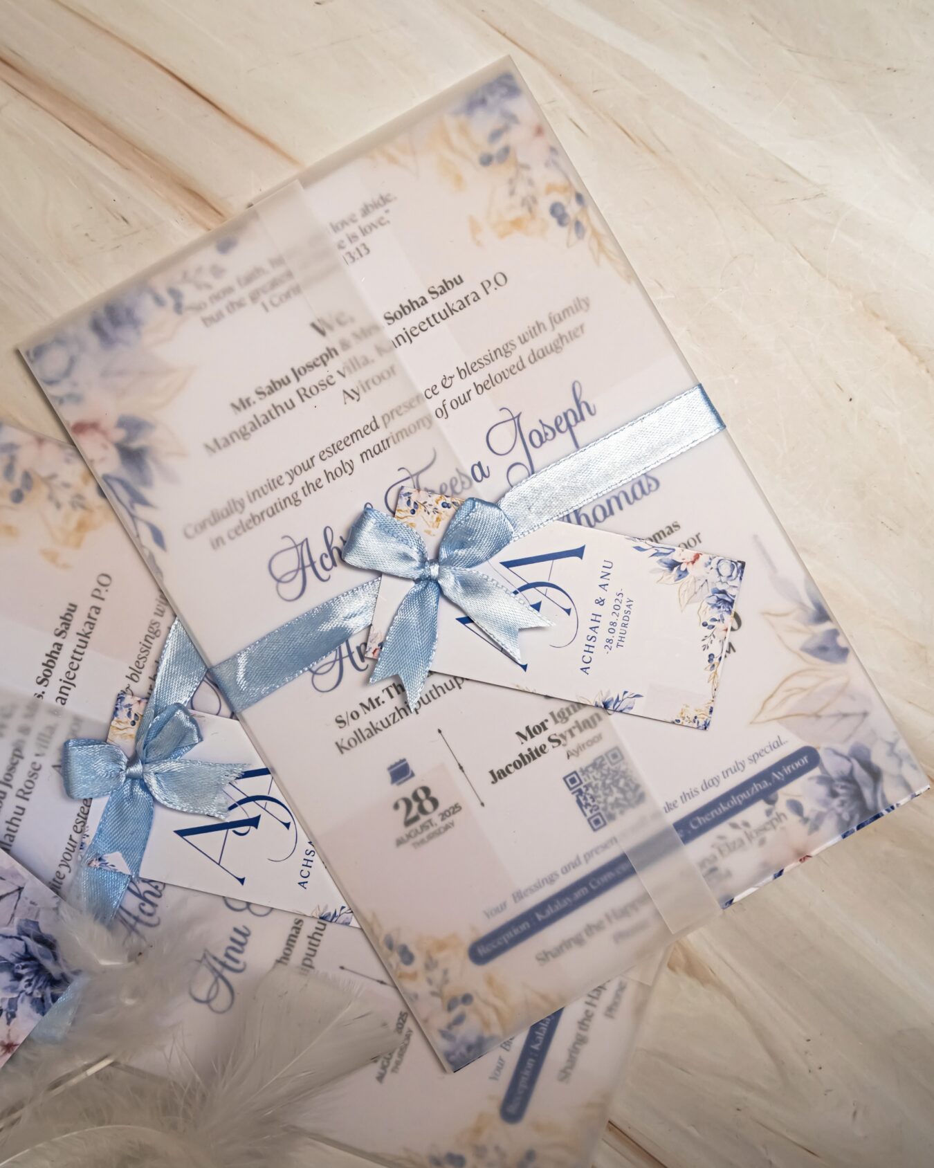 Blue Floral Wedding Invitation Card with Transparent Cover, Ribbon & Tag