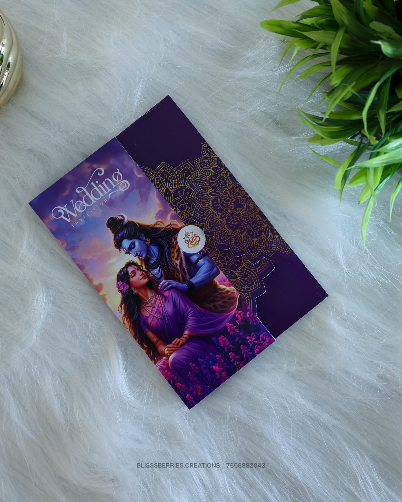 Divine Purple Shiva Parvathi Wedding Card – Rangoli Lock Edition