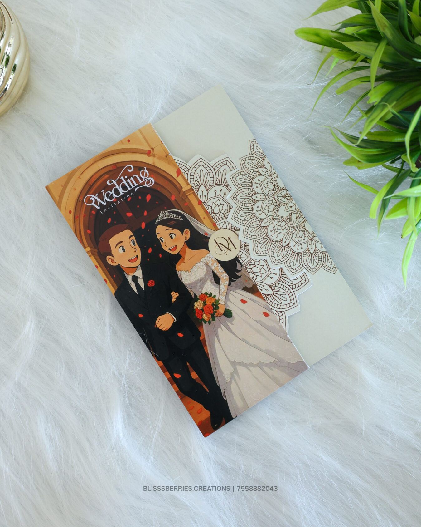 Ghibli Theme Wedding Card – Custom Couple Illustration with Rangoli Lock Design