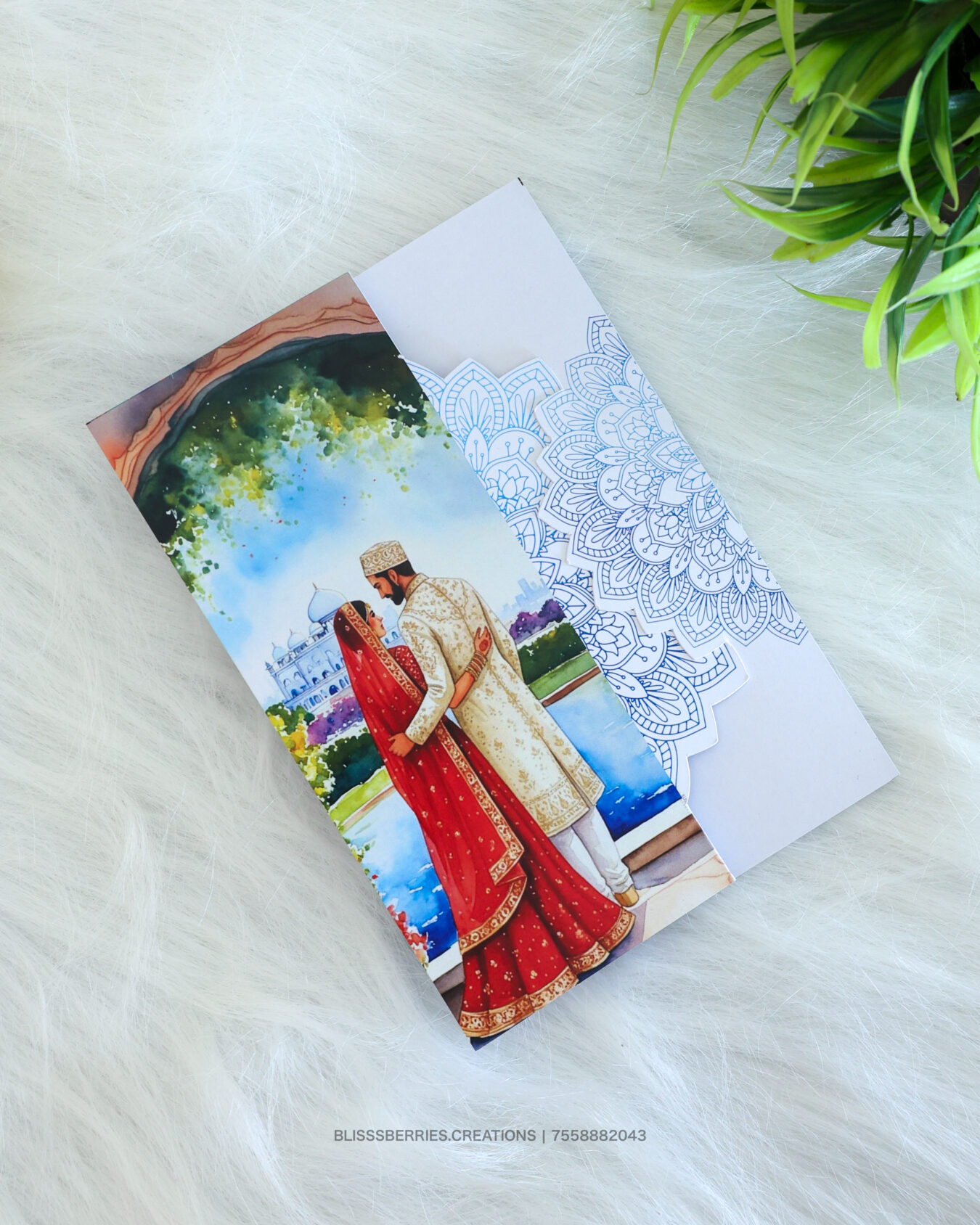 Taj Mahal Watercolor Muslim Wedding Card – Rangoli Lock Edition