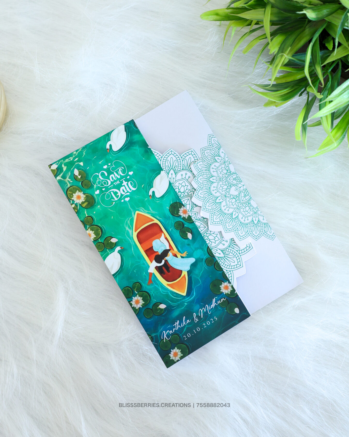 Save the Date Boat Theme Wedding Card – Romantic Watercolor Rangoli Lock Design