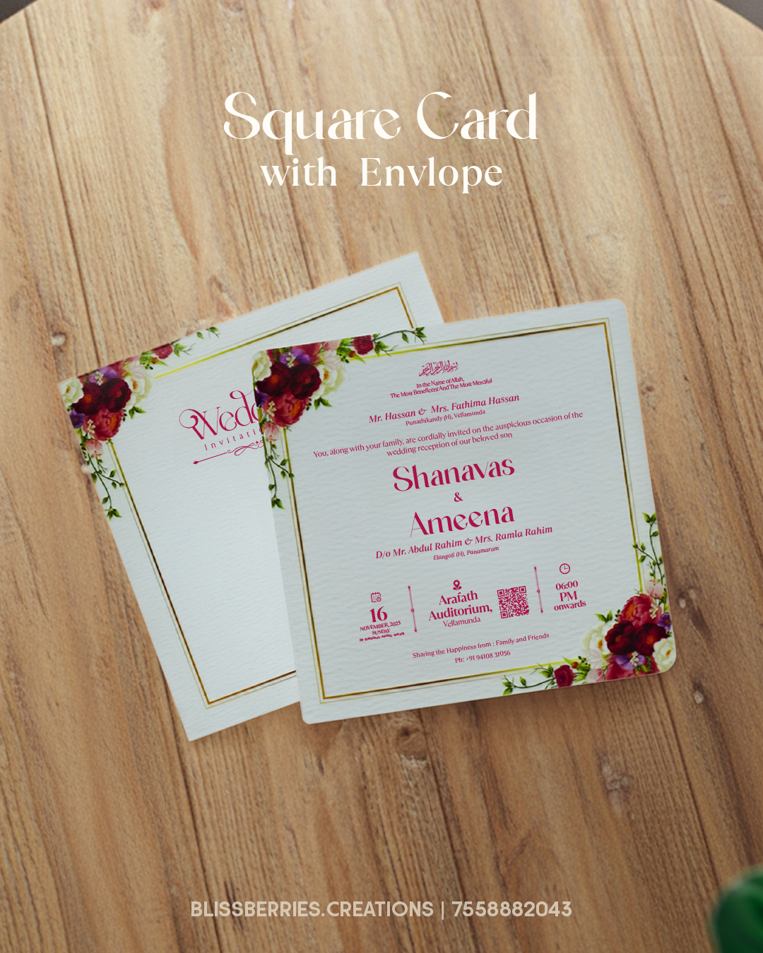 Square Wedding Card with Floral Border Design and Envelope