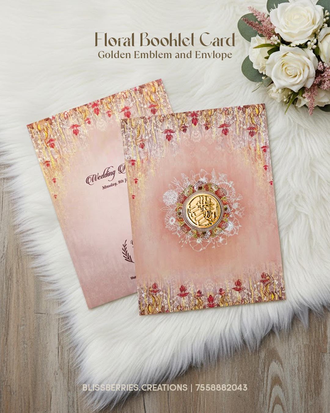 Floral Booklet Invitation with Golden Emblem & Envelope