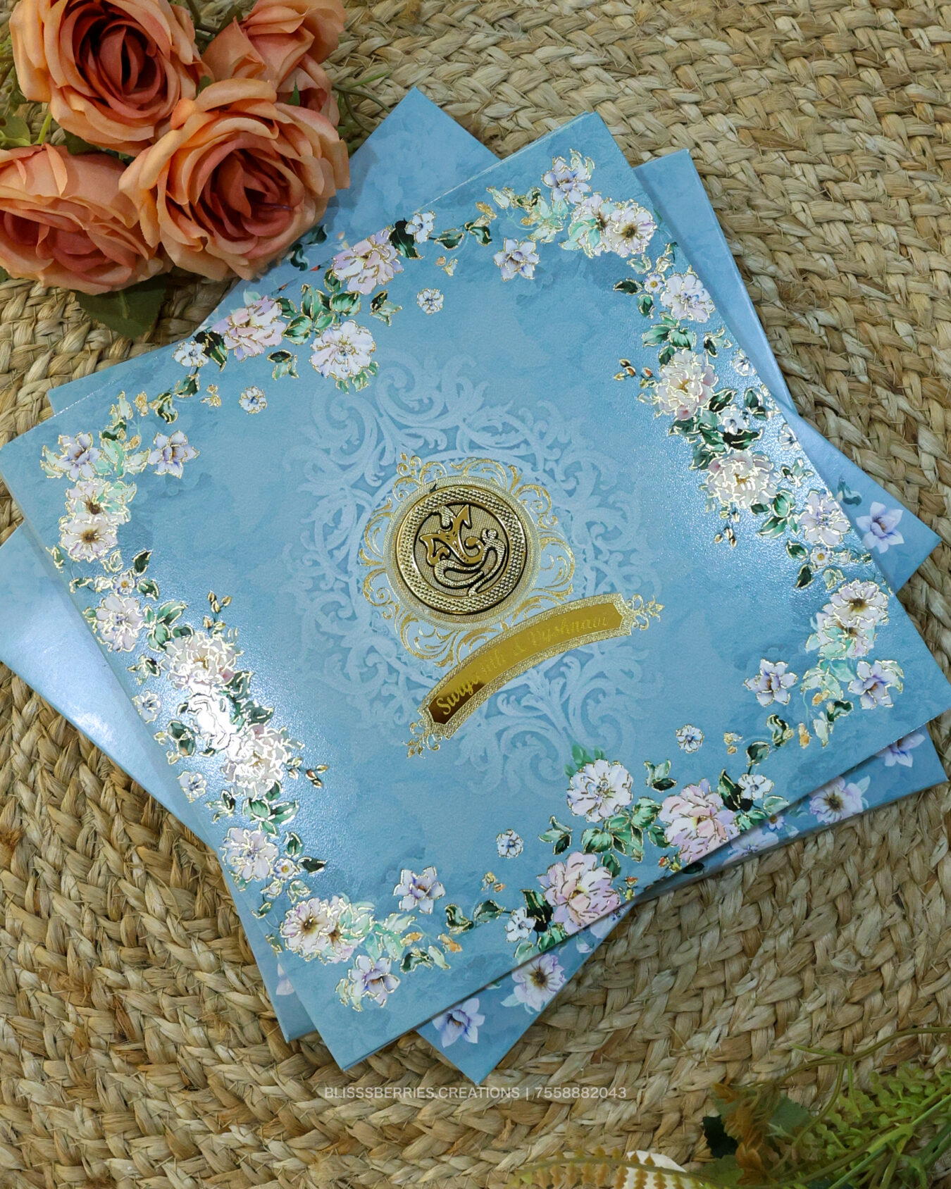 Booklet Card with Ganesha & Acrylic Name Badge –  Premium Blue Box Square Hindu Wedding Invitation