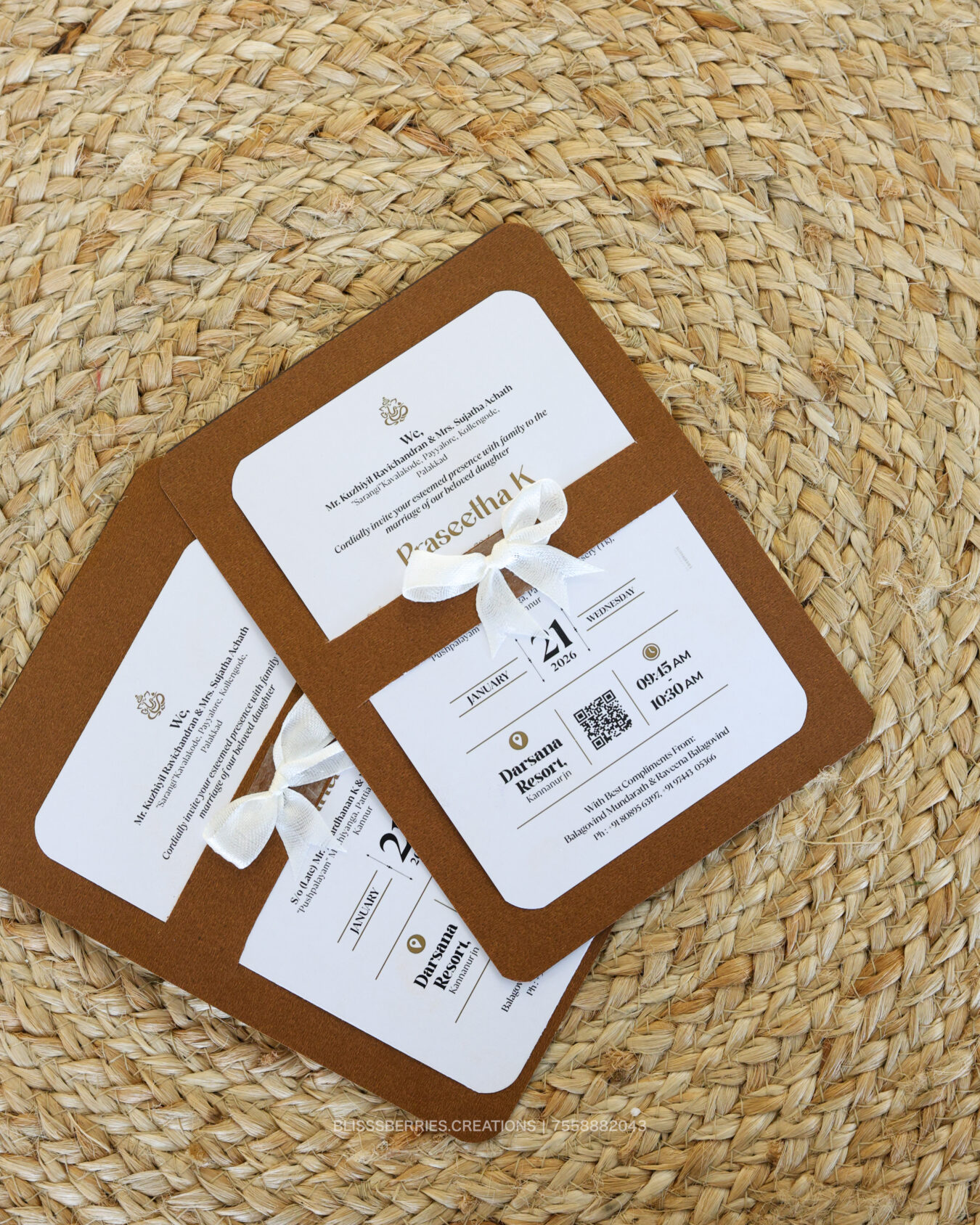 ShubhaBow Mini – Mini Wedding Invitation Card with Satin Bow, Sacred Motif Elegant Keepsake