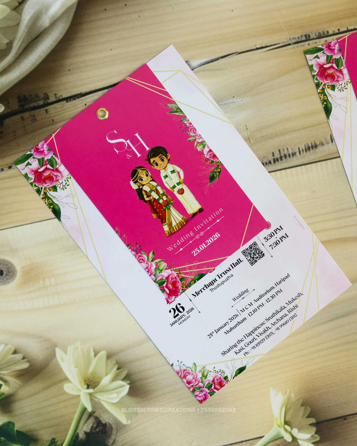 BlushBloom Caricature Duo Hindu Wedding Card – 2 Layer Rose Theme, Personalized Invitation.