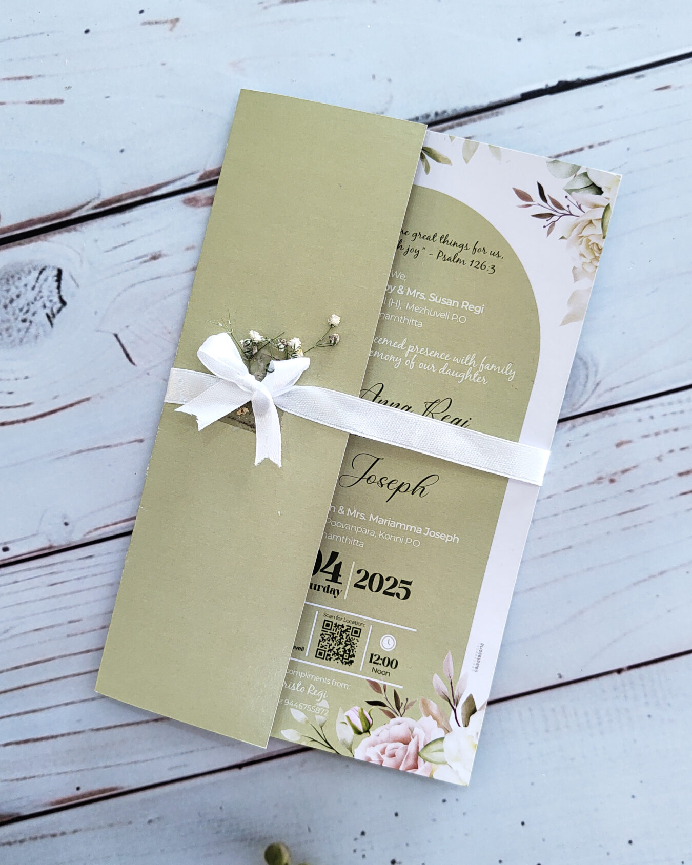 Elegant White Floral Tie Fold Christian Wedding Invitation Card
