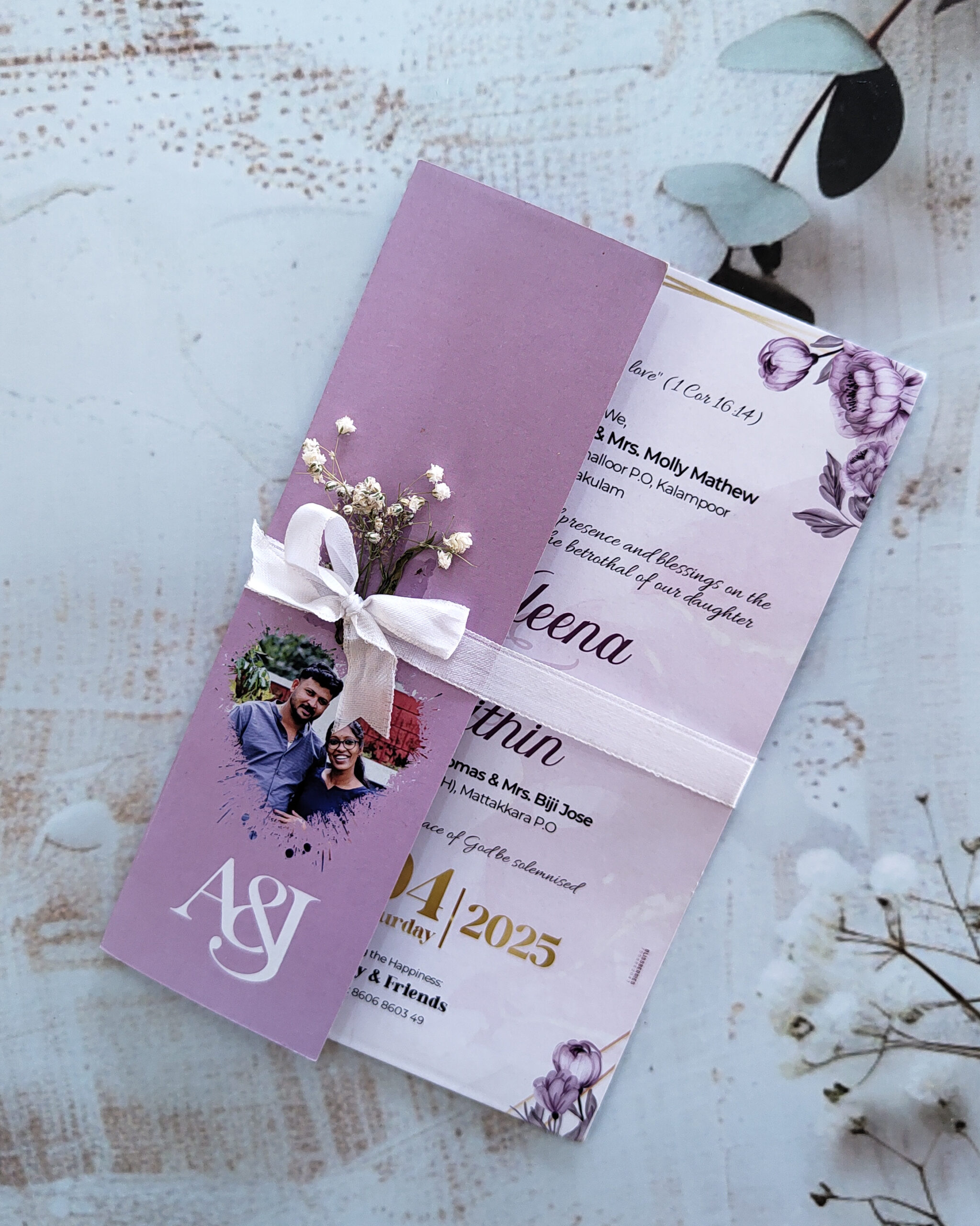 Elegant Purple Floral Tie Fold Christian Wedding Invitation Card