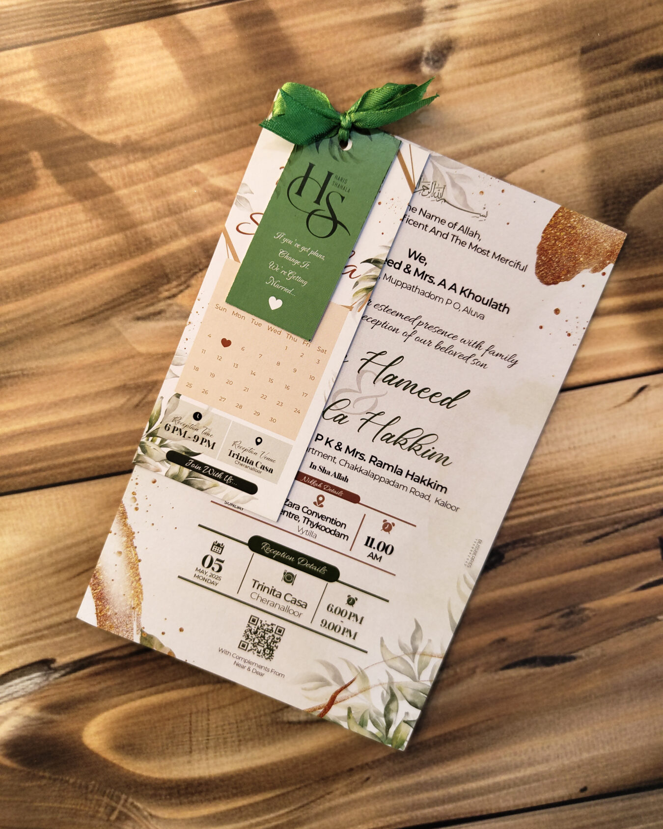 Emerald Trinity Ribbon Glow- 3 Layer Green Ribbon Wedding Invitation Card