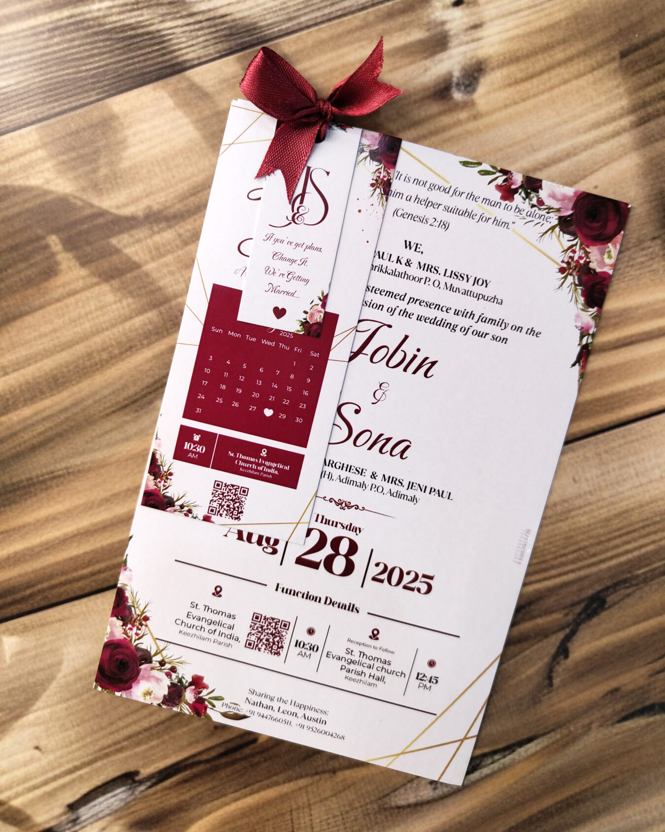 Maroon Trinity Ribbon Flame- 3 Layer Dark Red Ribbon Wedding Invitation Card