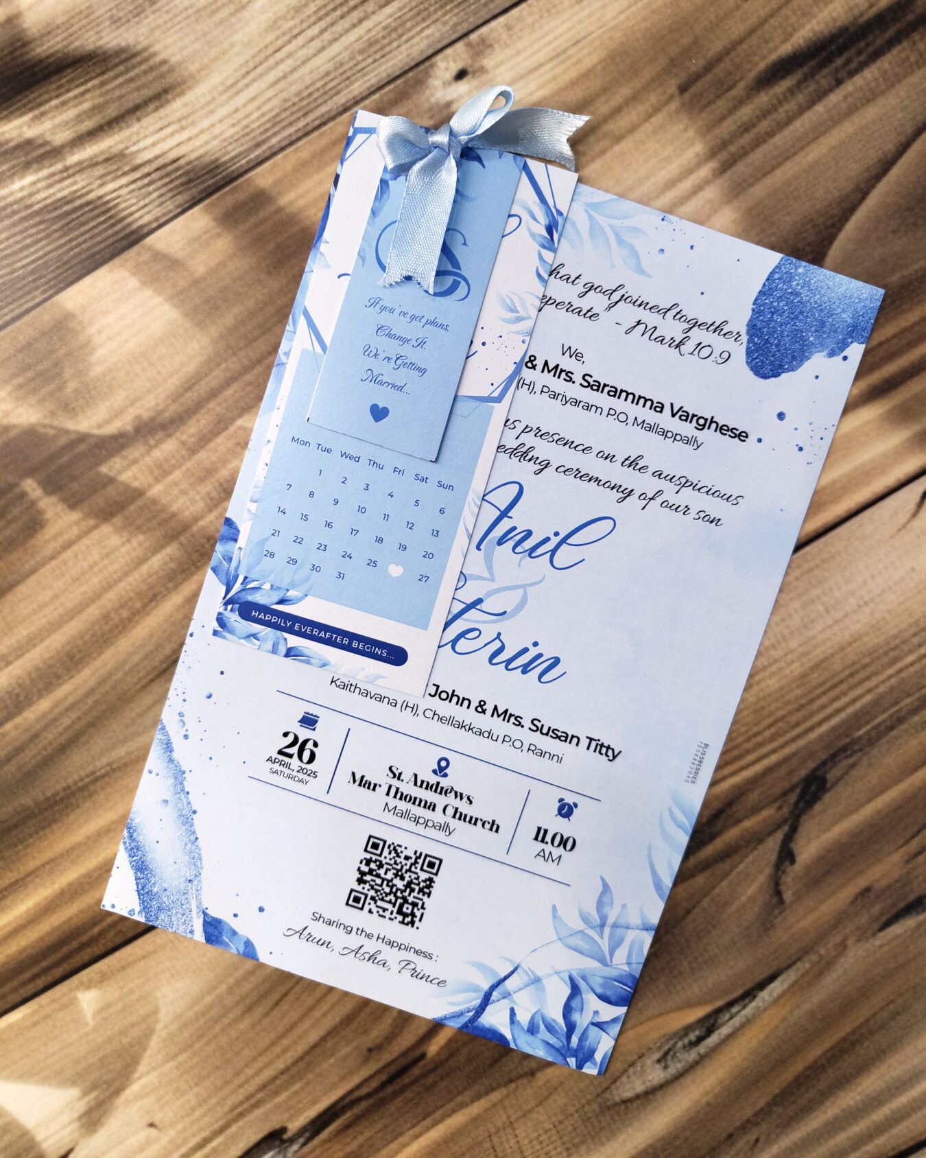 Azure Trinity Ribbon Bliss-Elegant 3 Layer Bliss Blue Ribbon Wedding Invitation Card