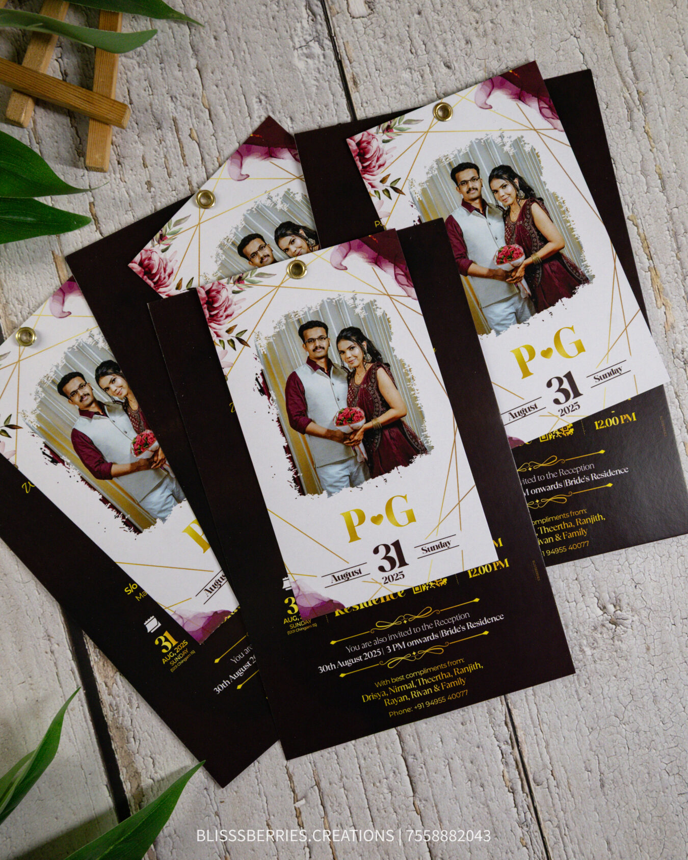 Burgundy 2 Layer Wedding Invitation Card with Rivet