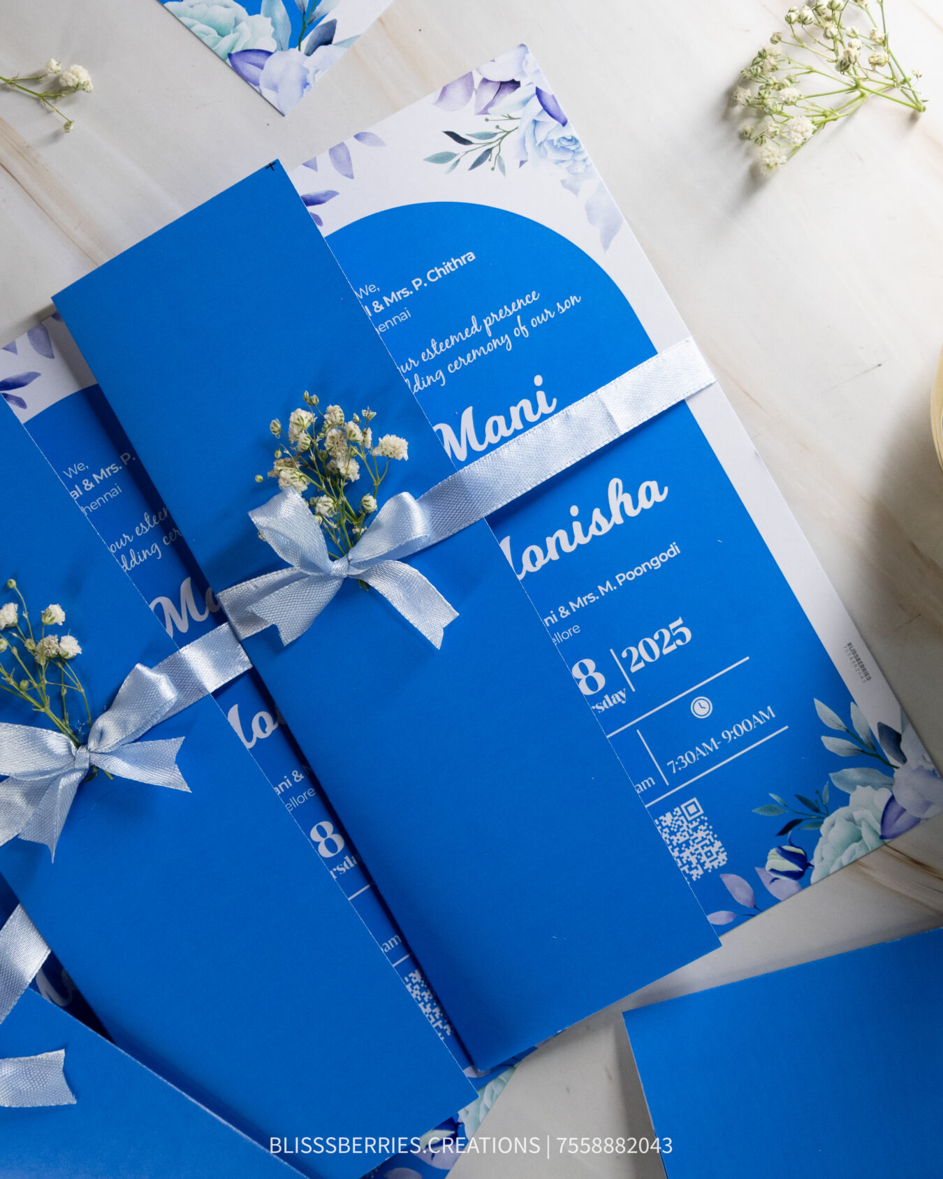 FloraKnot Fold – Floral Tie Fold Wedding Invitation Card, Elegant Bloom Wrap with Tag Personalization