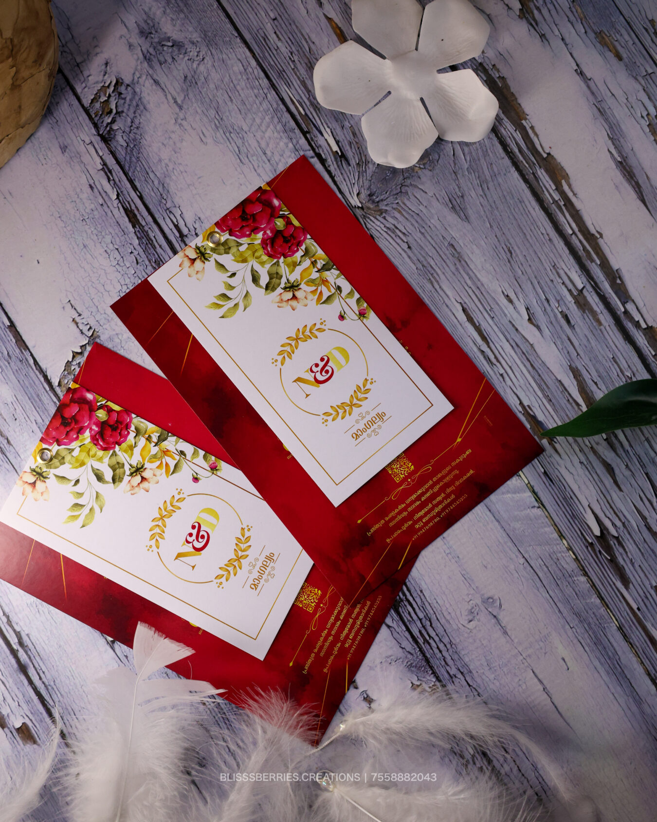 Red Floral - 2 Layer Wedding Invitation Card with Rivet