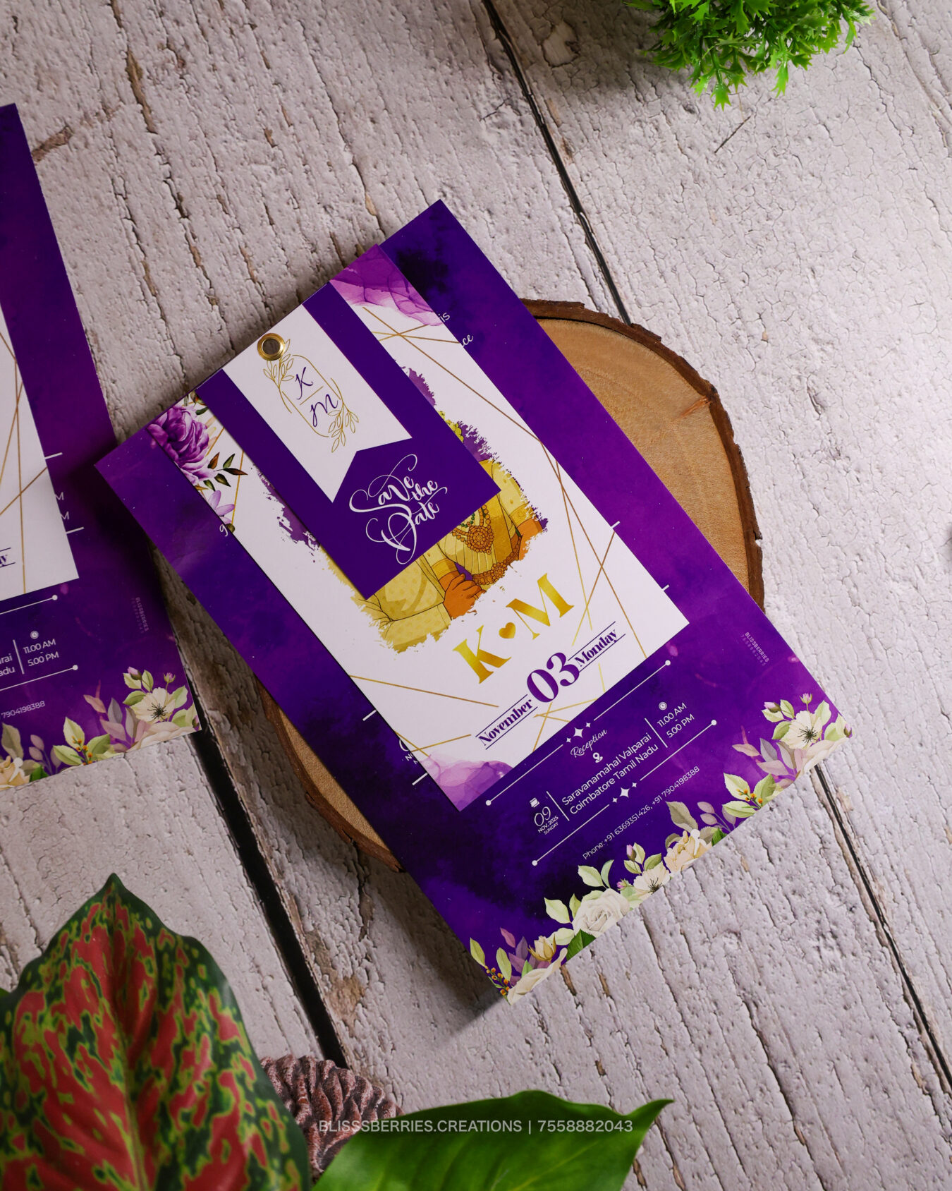 VioletPetal Trinity – Purple Minimal Floral 3 Layer Wedding Invitation, Elegant Layered Personalized Card