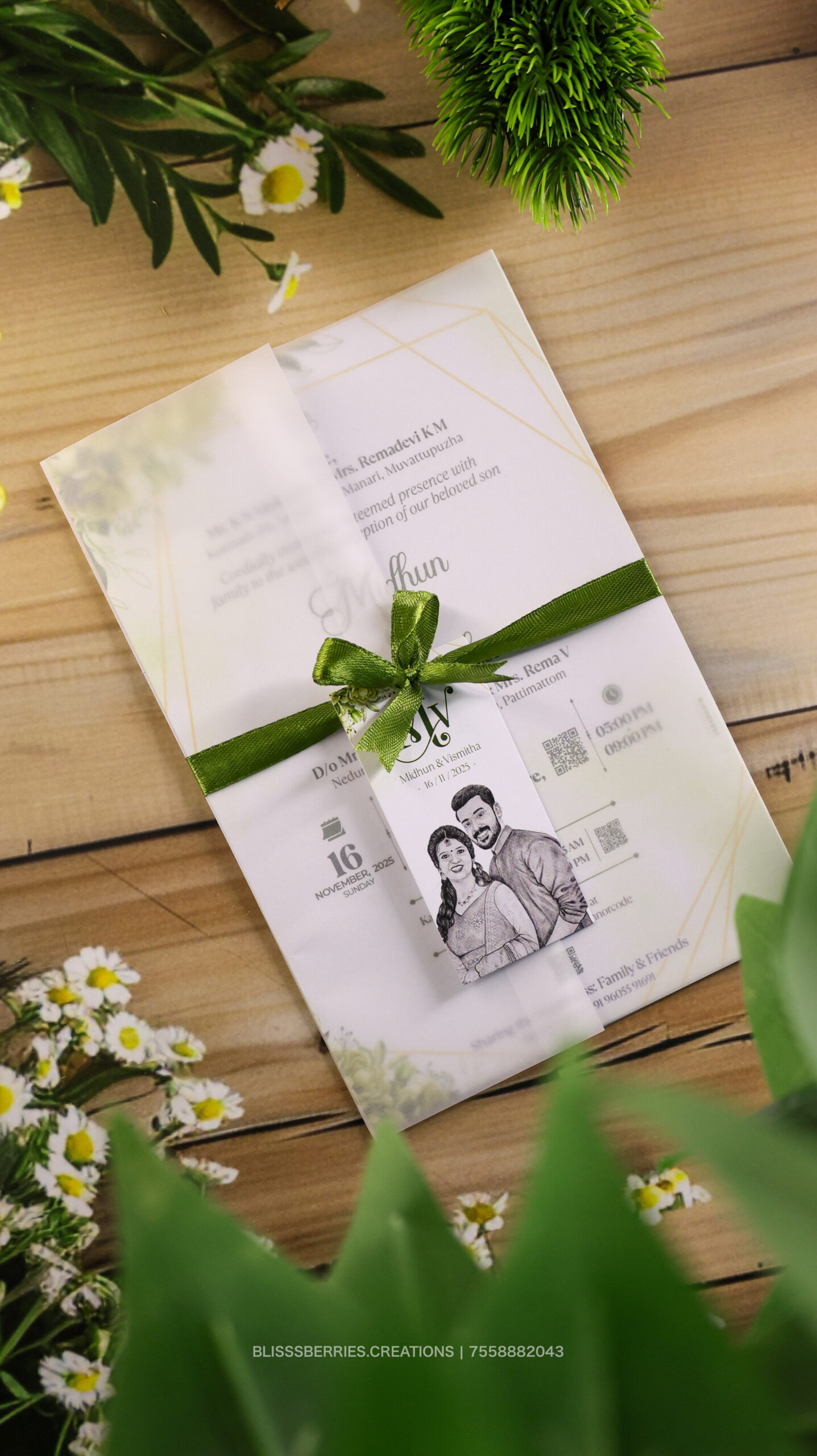 Elegant Green Transparent Fold Card with Hand-Drawn Photo | Modern Vellum-Style Invitation