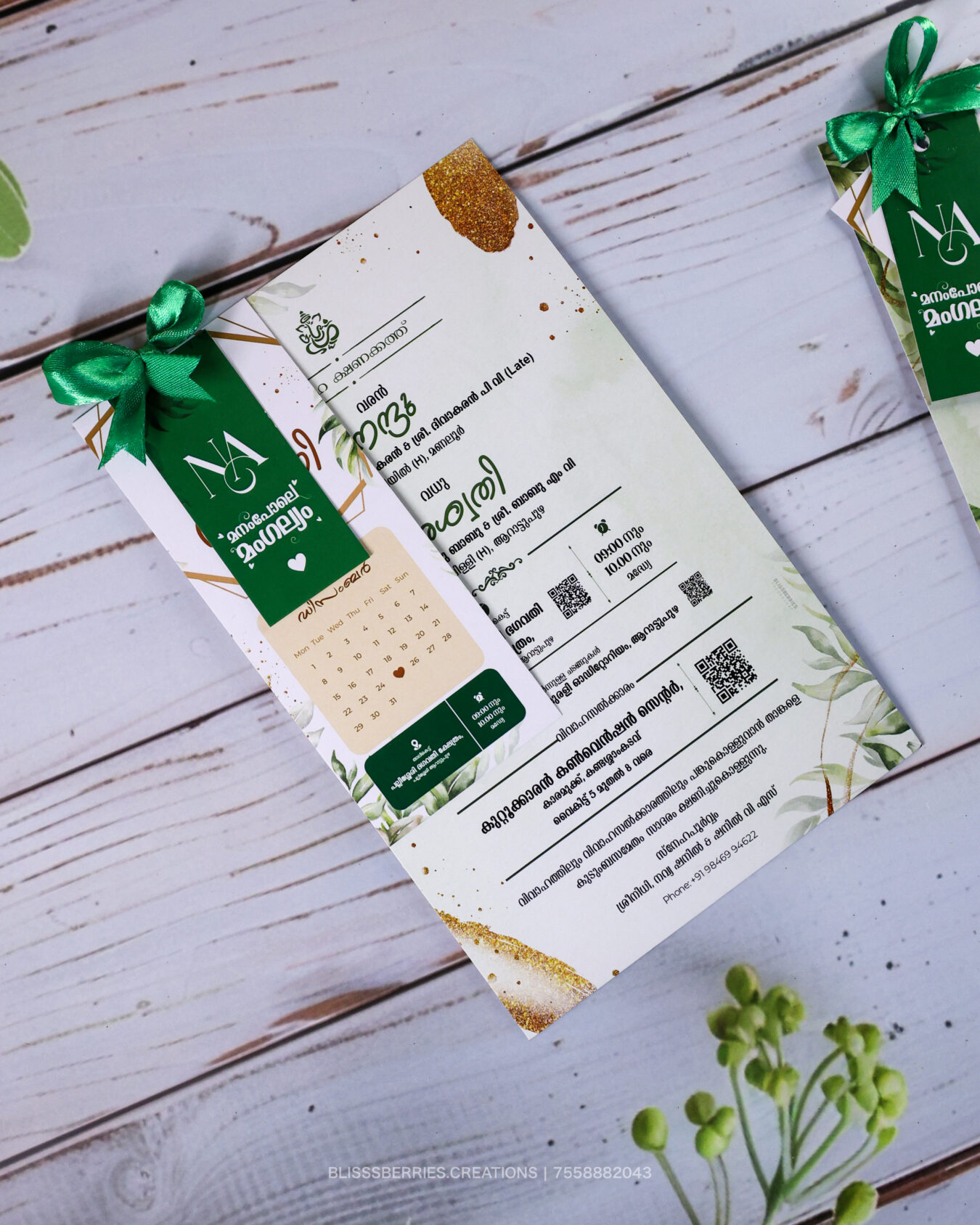 BlissVerde Ribbon – Green 3 Layer Wedding Invitation Card with Ribbon