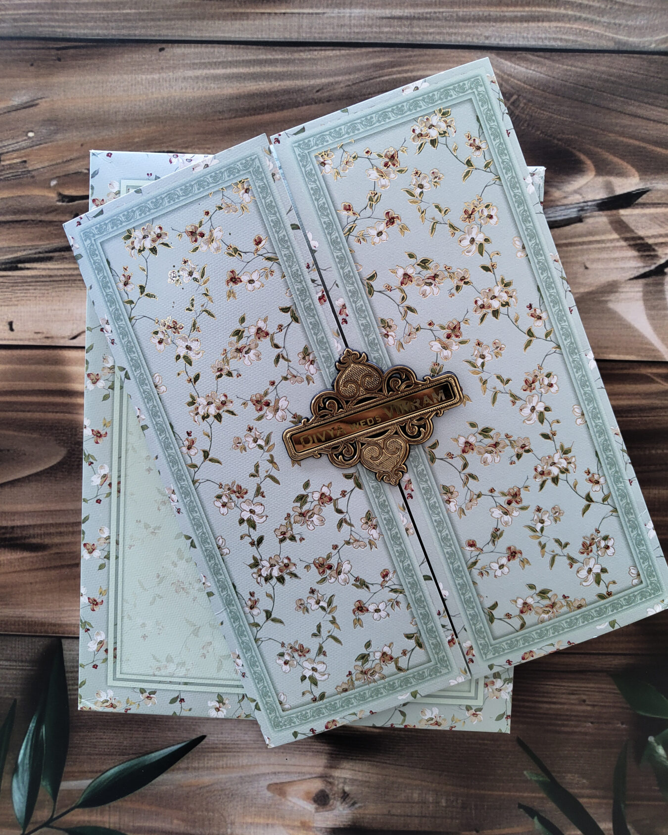 Premium Mint Green Floral Box Wedding Card with Acrylic Nameplate