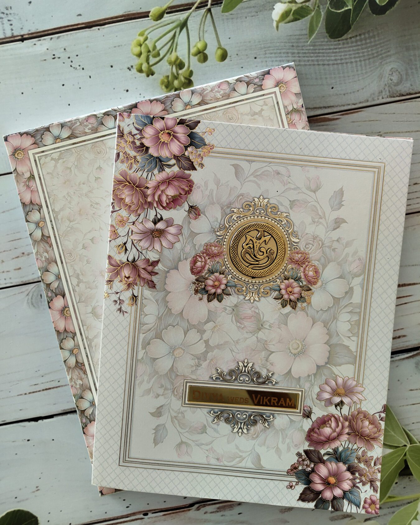 Premium Hindu Grey Floral Box Wedding Card with Acrylic Nameplate