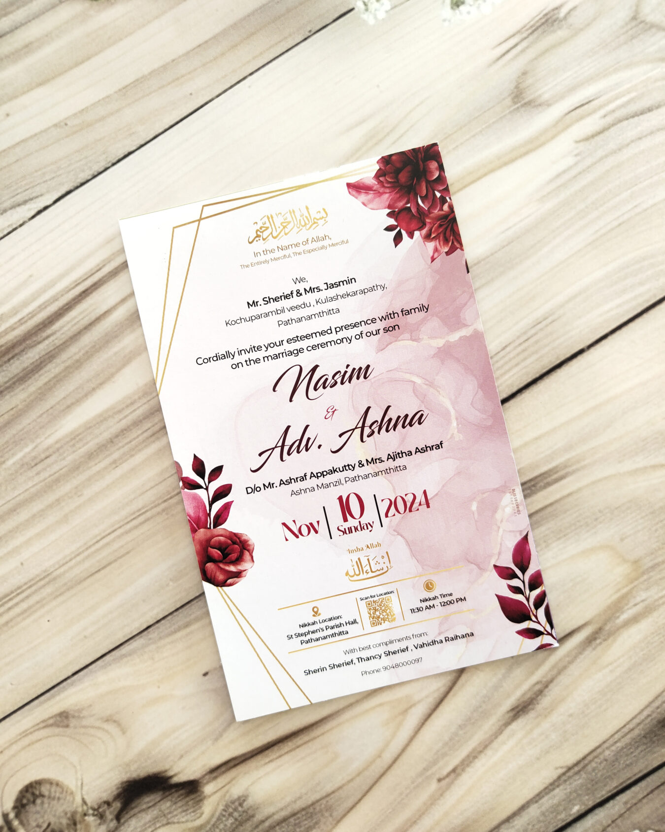 Red Floral Single Layer Wedding Invitation Card