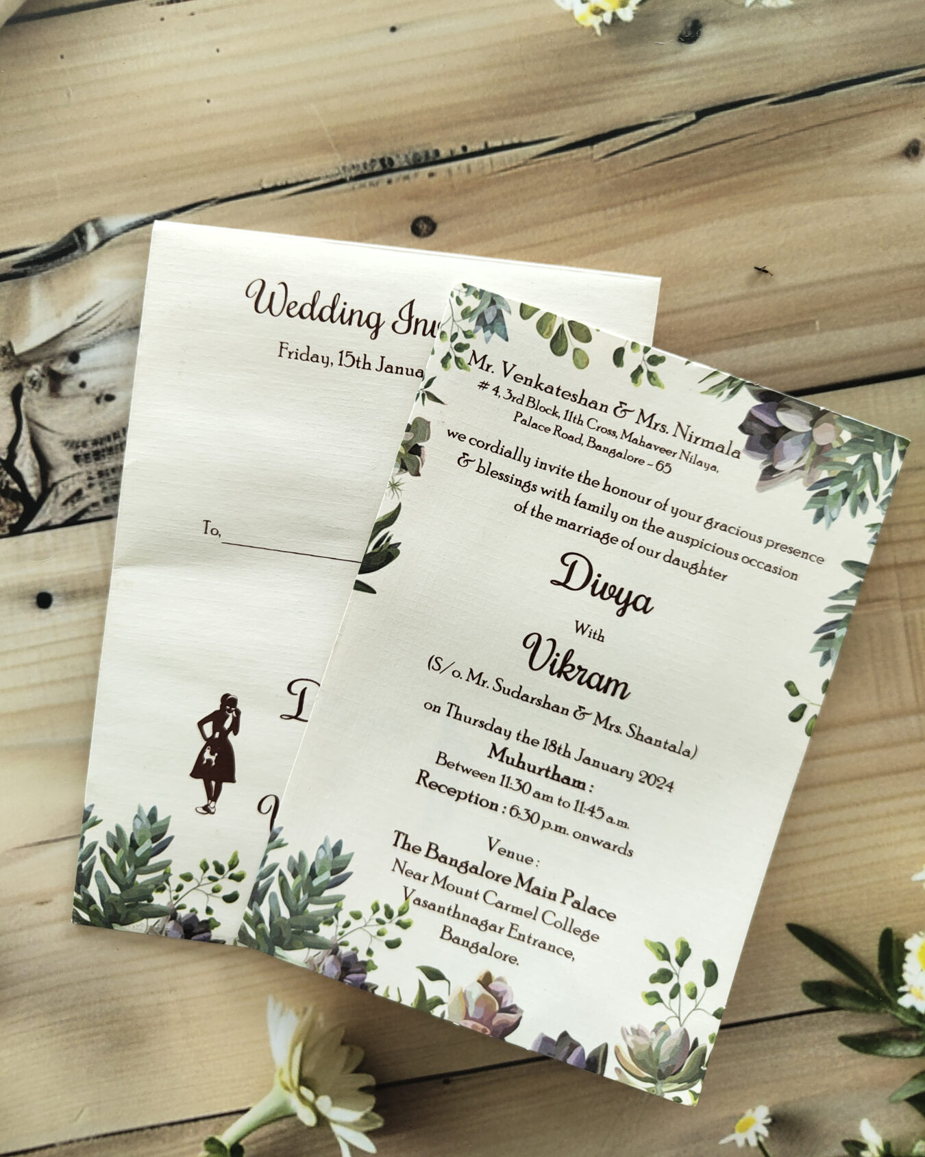 Dark Green Floral Wedding Card with Matching Envelope