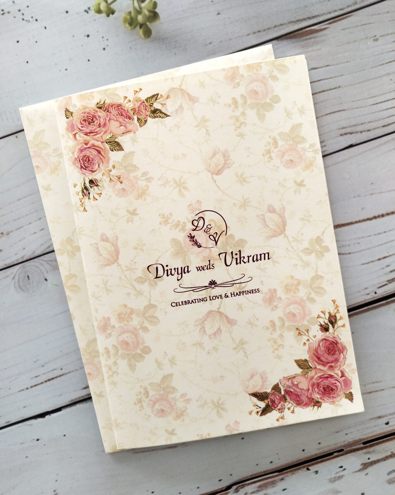 Premium Pink Floral Wedding Card with Matching Envelope