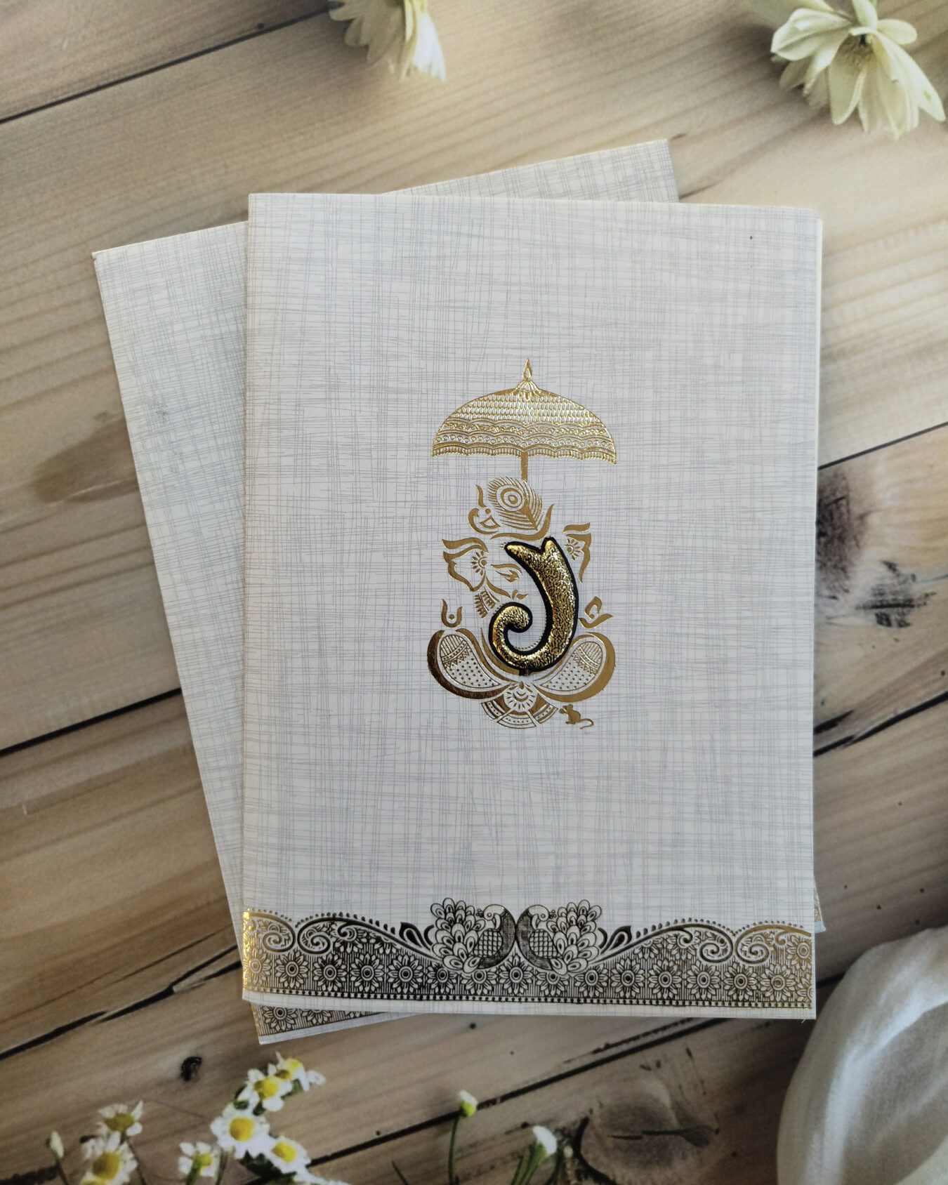 GREY Gold Foiled Ganesha with Umbrella Wedding Invitation Card with Matching Envelope