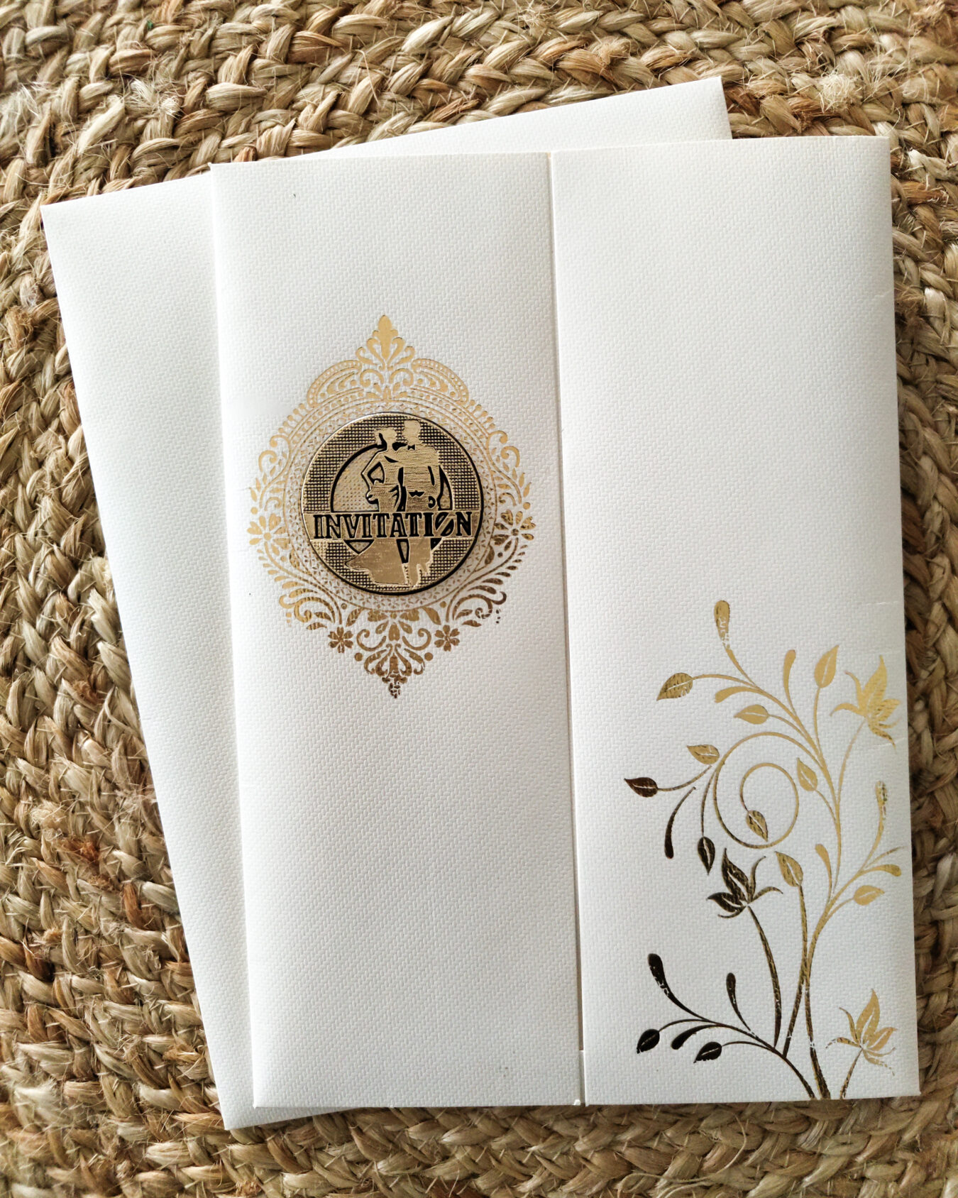 OFFWHITE Gold Foiled Opening Wedding Invitation Card with Matching Envelope