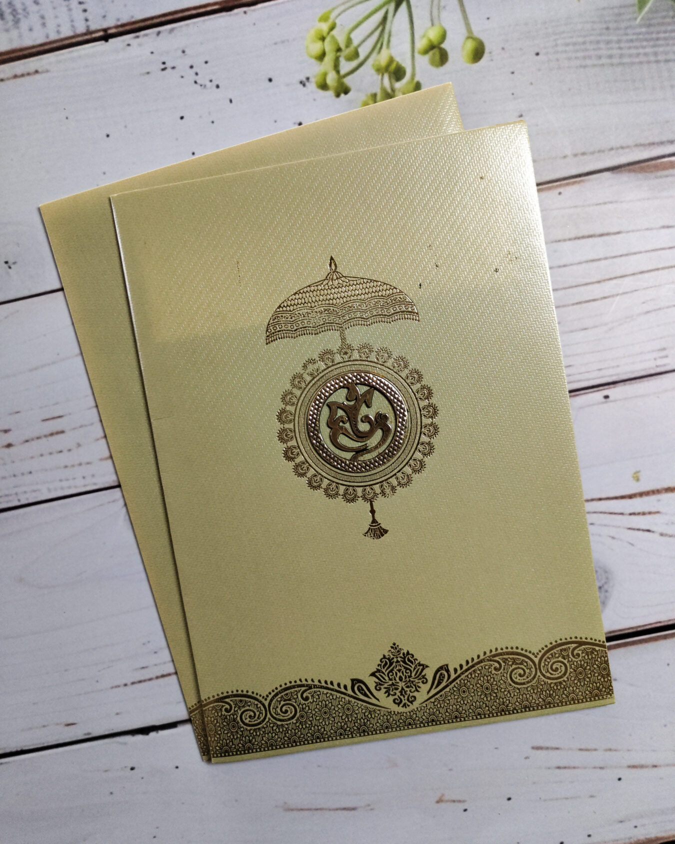 OLIVE GREEN Gold Foiled Ganesha Umbrella Design Wedding Invitation Card with Matching Envelope