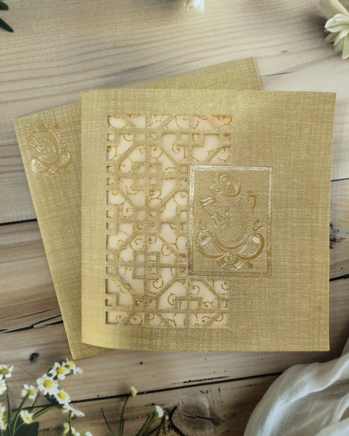 Brown Gold Die Cut Square Wedding Invitation Card with Matching Envelope