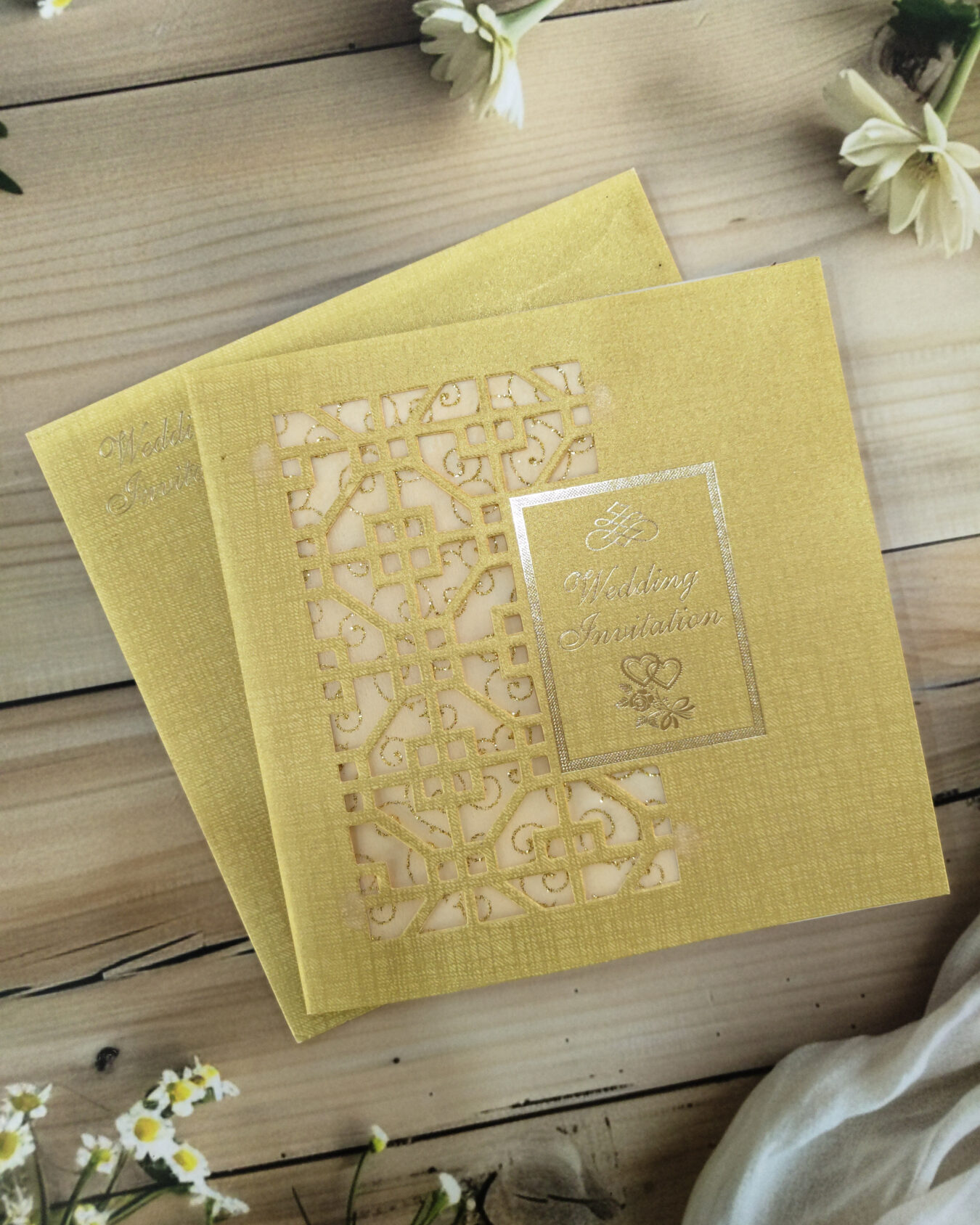 Golden Die Cut Square Wedding Invitation Card with Matching Envelope | BlissBerries Premium