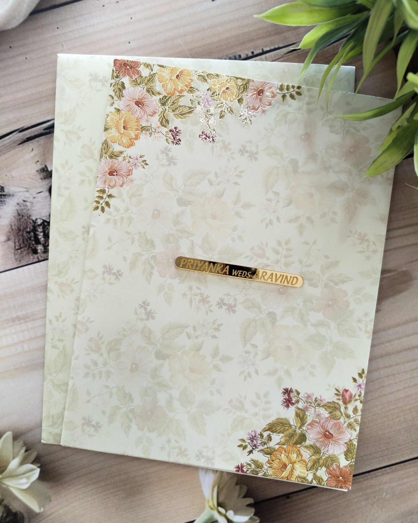 Light Green Floral Offset Wedding Invitation Card with Nameplate And Matching Floral Envelope