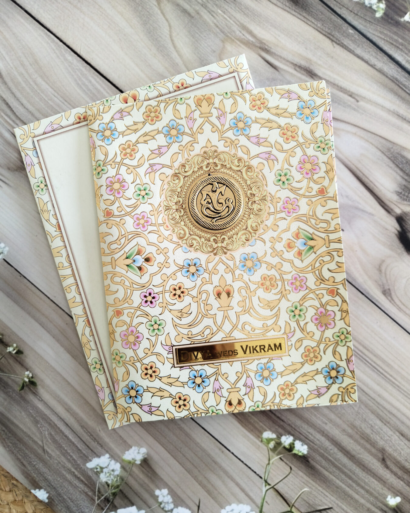 Light Green Floral Offset Wedding Card with Custom Nameplate & Matching Designer Envelope