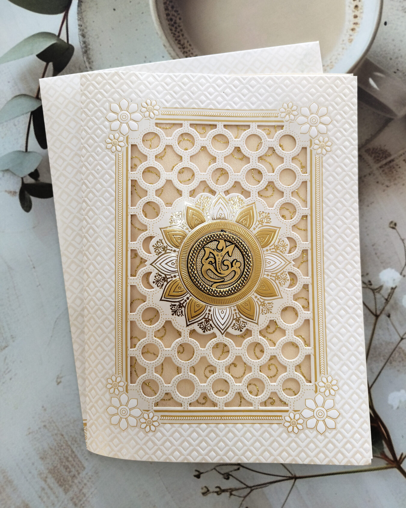 Golden White Die Cut Wedding Invitation Card with Gold Foil & Matching Envelope