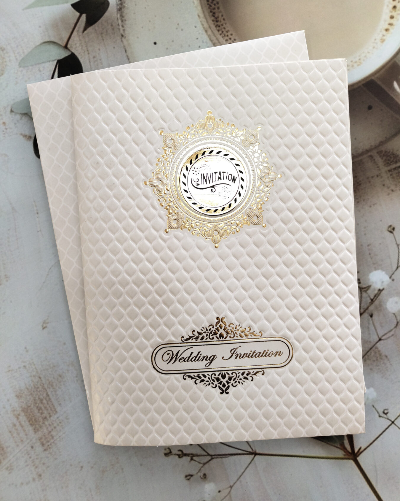 White Wedding Card with Gold Foil Detailing & Matching Envelope