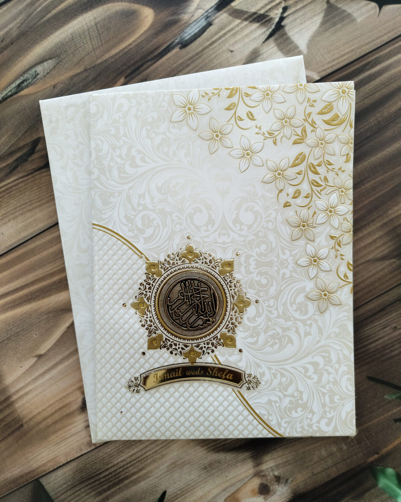 Premium White and Golden Floral Wedding Card with Acrylic Nameplate & Matching Envelope
