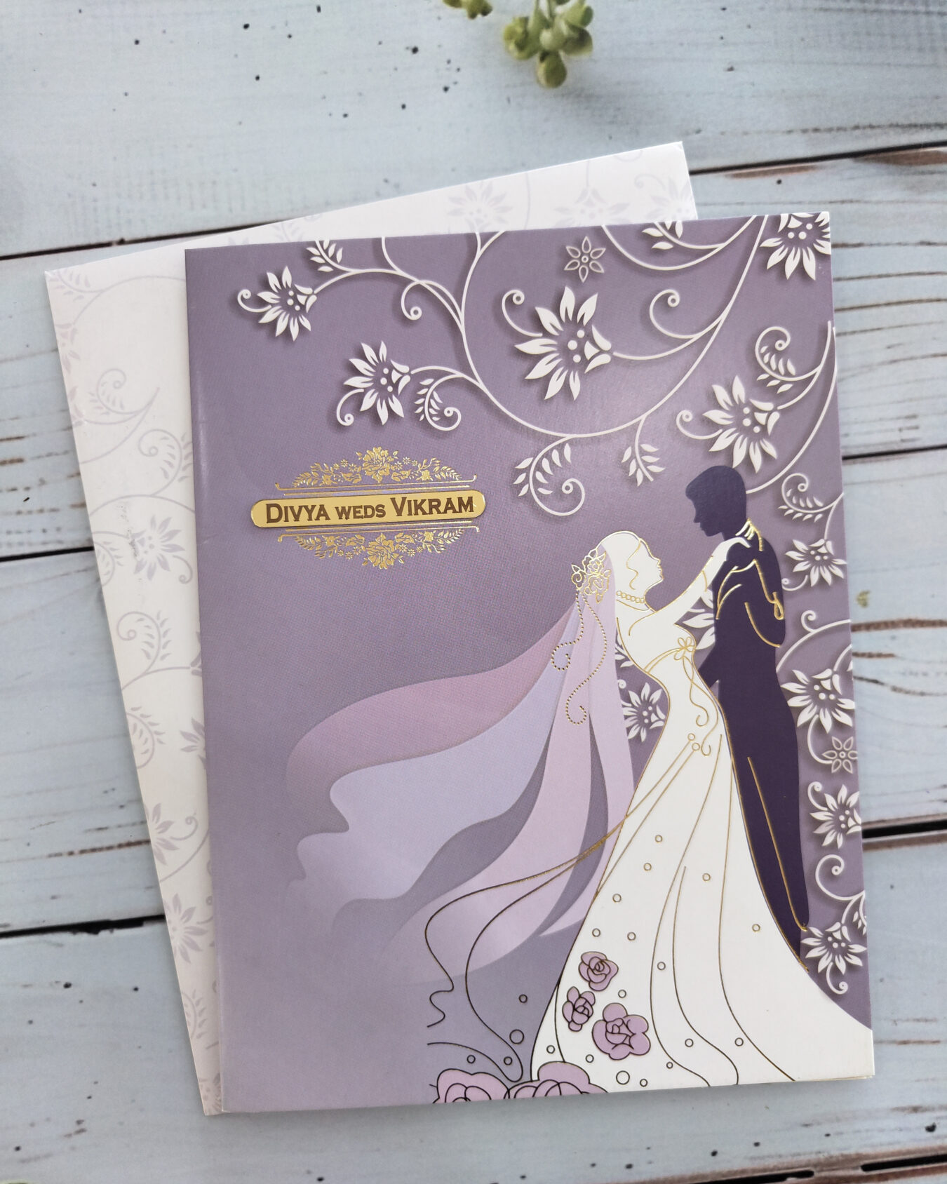 Elegant Romantic Designer Invitation – Lavender Couple Wedding Card with Acrylic Nameplate & Matching Envelope