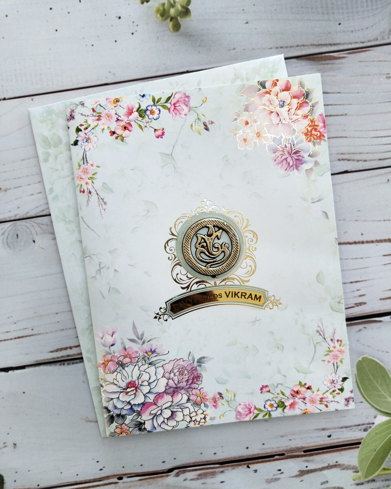 Elegant Aqua Green Floral Wedding Card with Acrylic Nameplate & Matching Floral Envelope