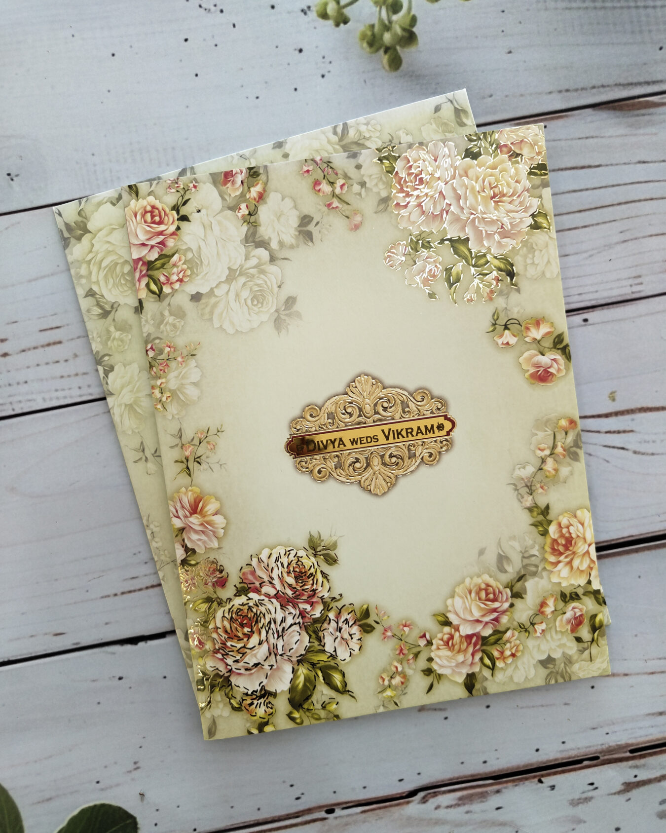 Elegant Olive Green Floral Wedding Card with Acrylic Nameplate&Matching Envelope