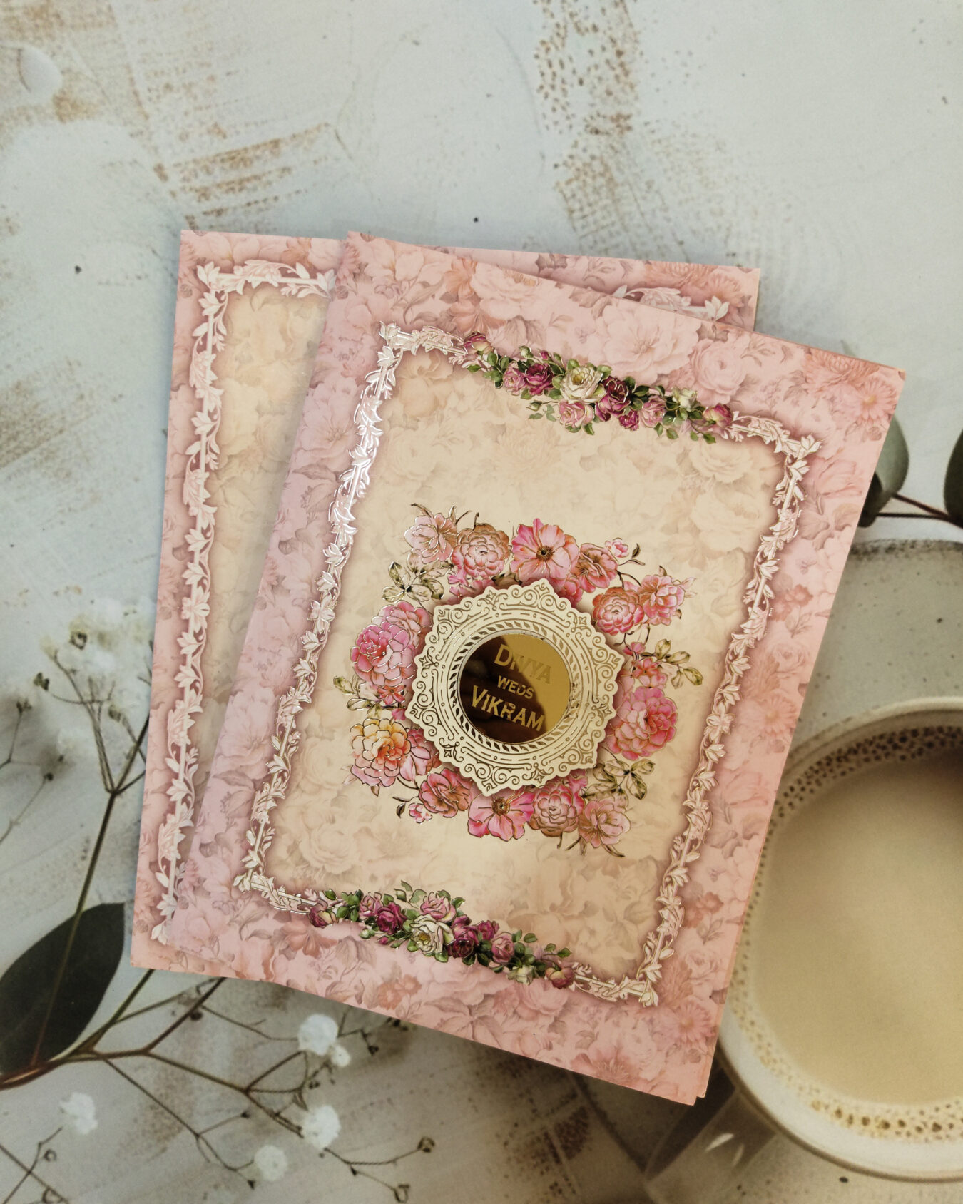 Premium Pink Floral Wedding Invitation Card with Custom Acrylic Nameplate and Matching Floral Envelope