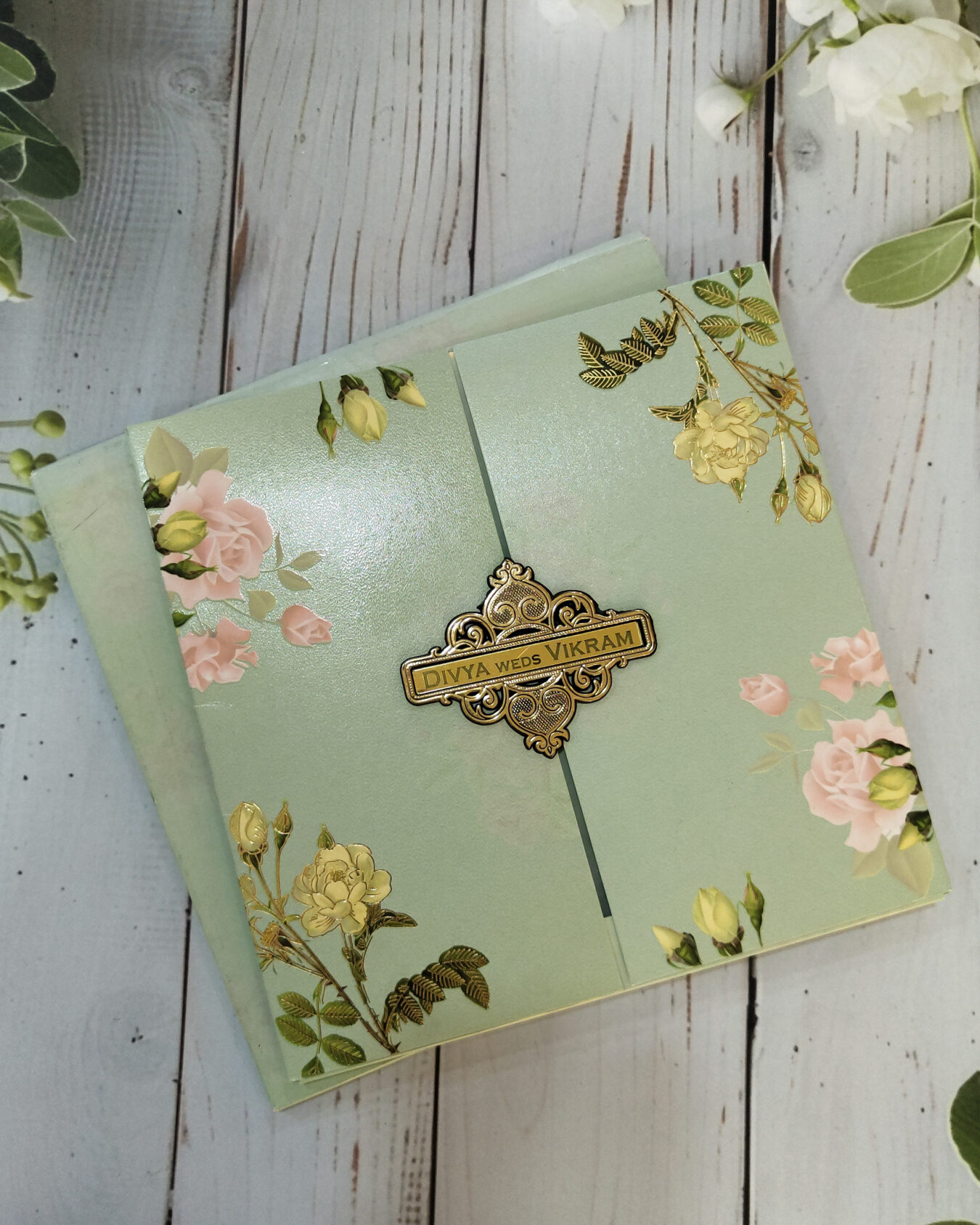 Premium Green Box Square Wedding Card with Acrylic Nameplate