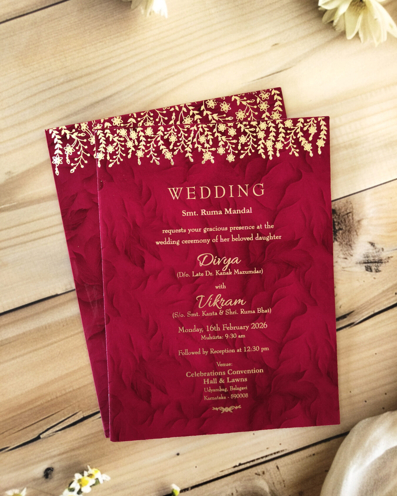 Wine Red Floral Gold-Foiled Wedding Invitation Card with Elegant Matching Envelope