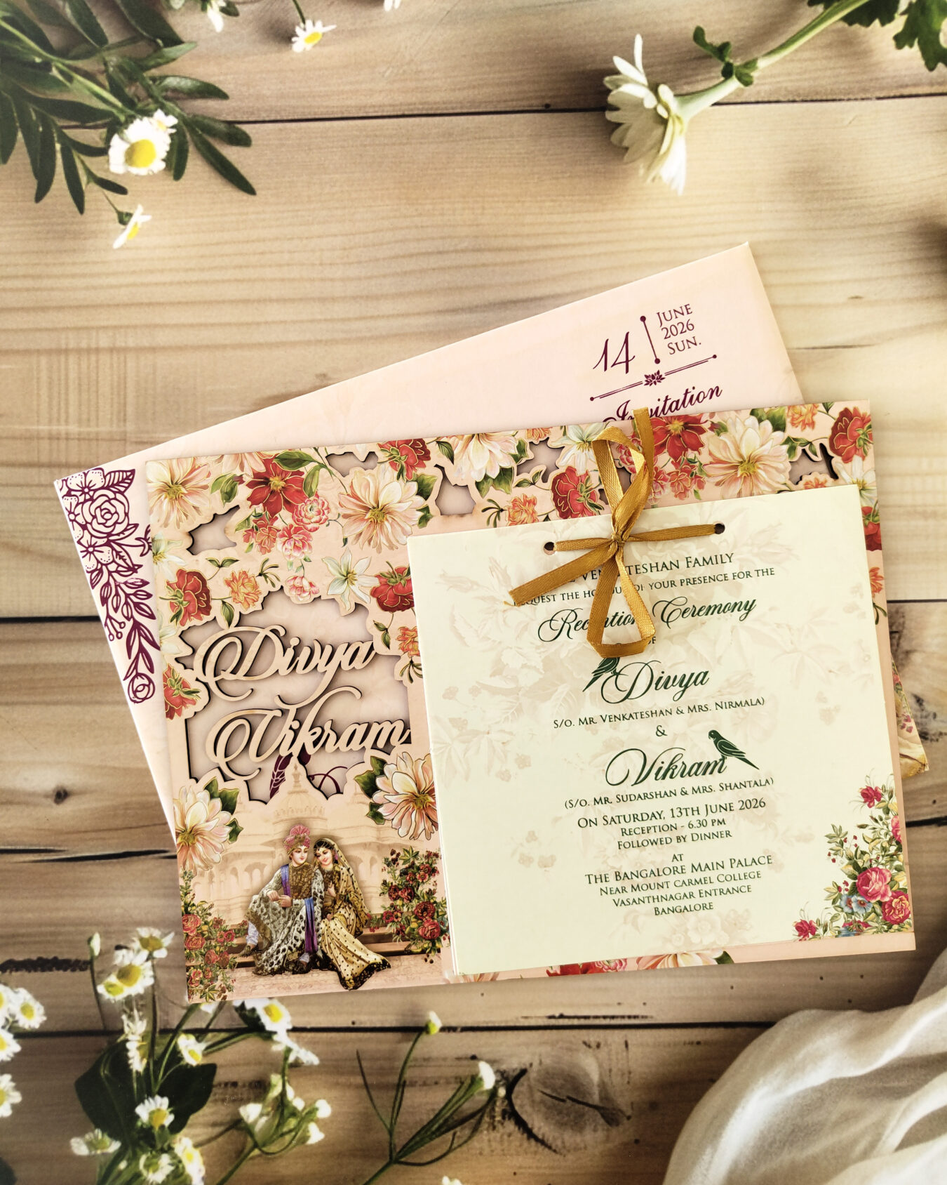 Luxury MDF Laser Cut Pale Pink Floral Frame Wedding Invitation Card with Elegant Matching Floral Envelope