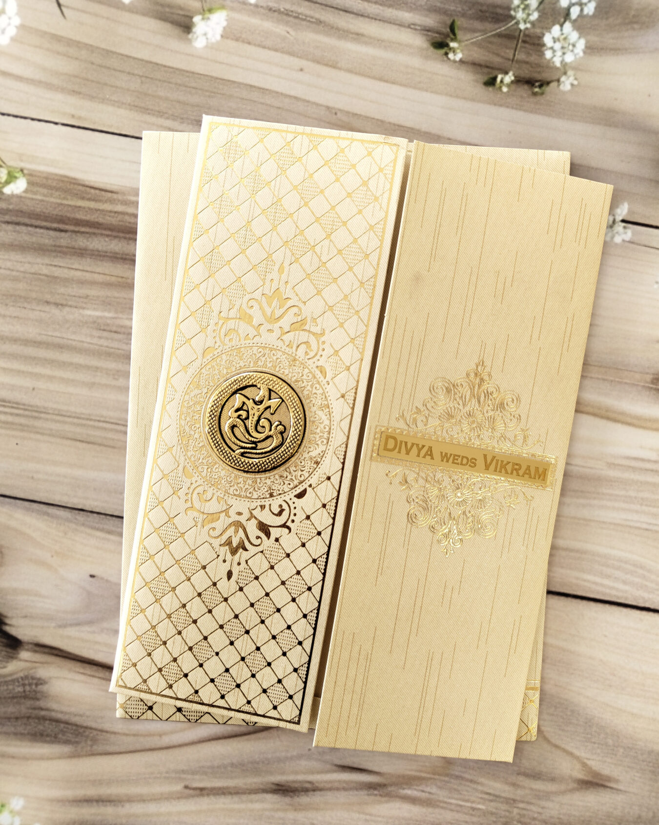 Cream Gold-Foiled Opening Wedding Card with Matching Envelope – Customizable Emblems