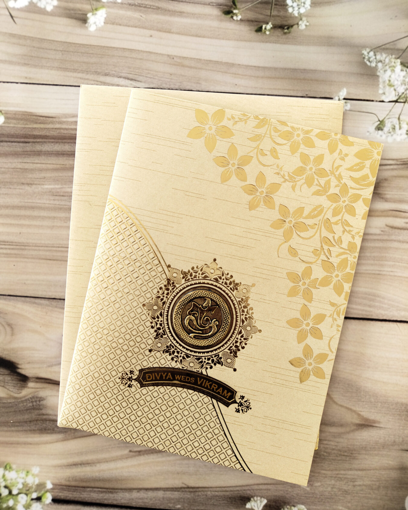Cream Gold-Foiled Floral Wedding Card with Matching Envelope – Customizable Emblem