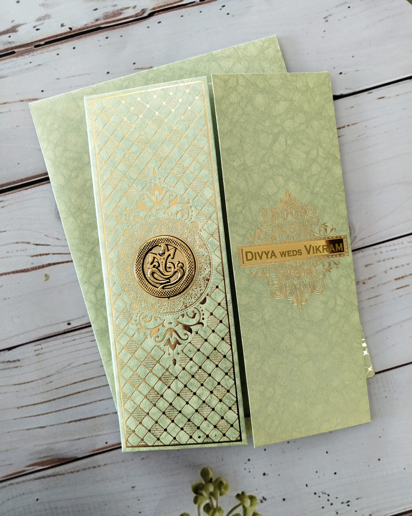 Premium Green Gold-Foiled Opening Wedding Invitation Card with Customizable Emblems and Matching Envelope