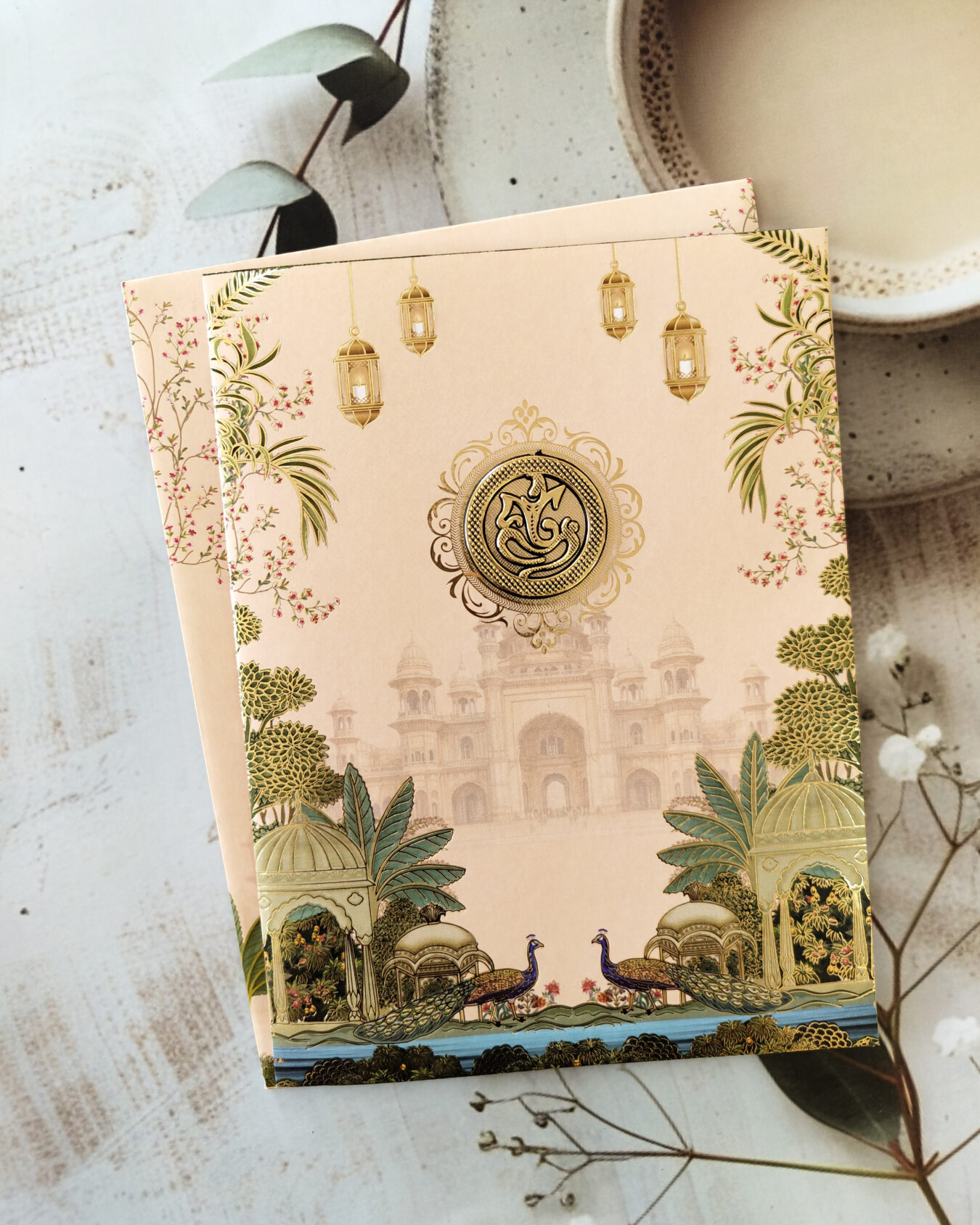 Pale Pink Botanical Wedding Invitation Card with Matching Envelope – Customizable Emblem